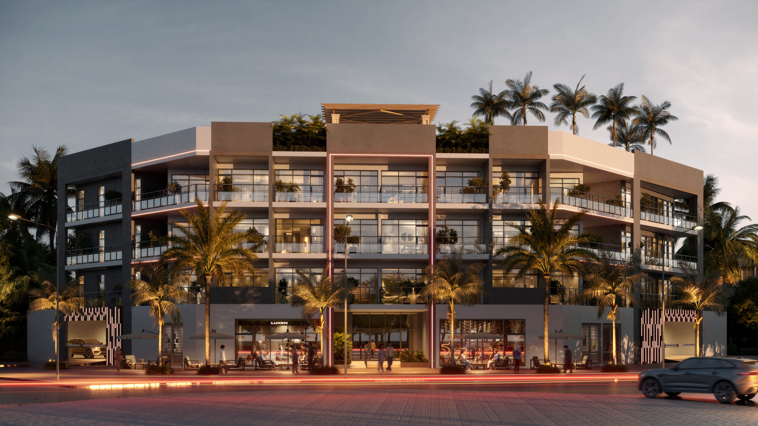 Wadi Al Safa architectural visualization dusk exterior render by Atharva Atelier